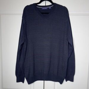 Alan Flusser Sweater Mens XL Blue Polka Dot V Neck 100% Cotton Knit Pullover